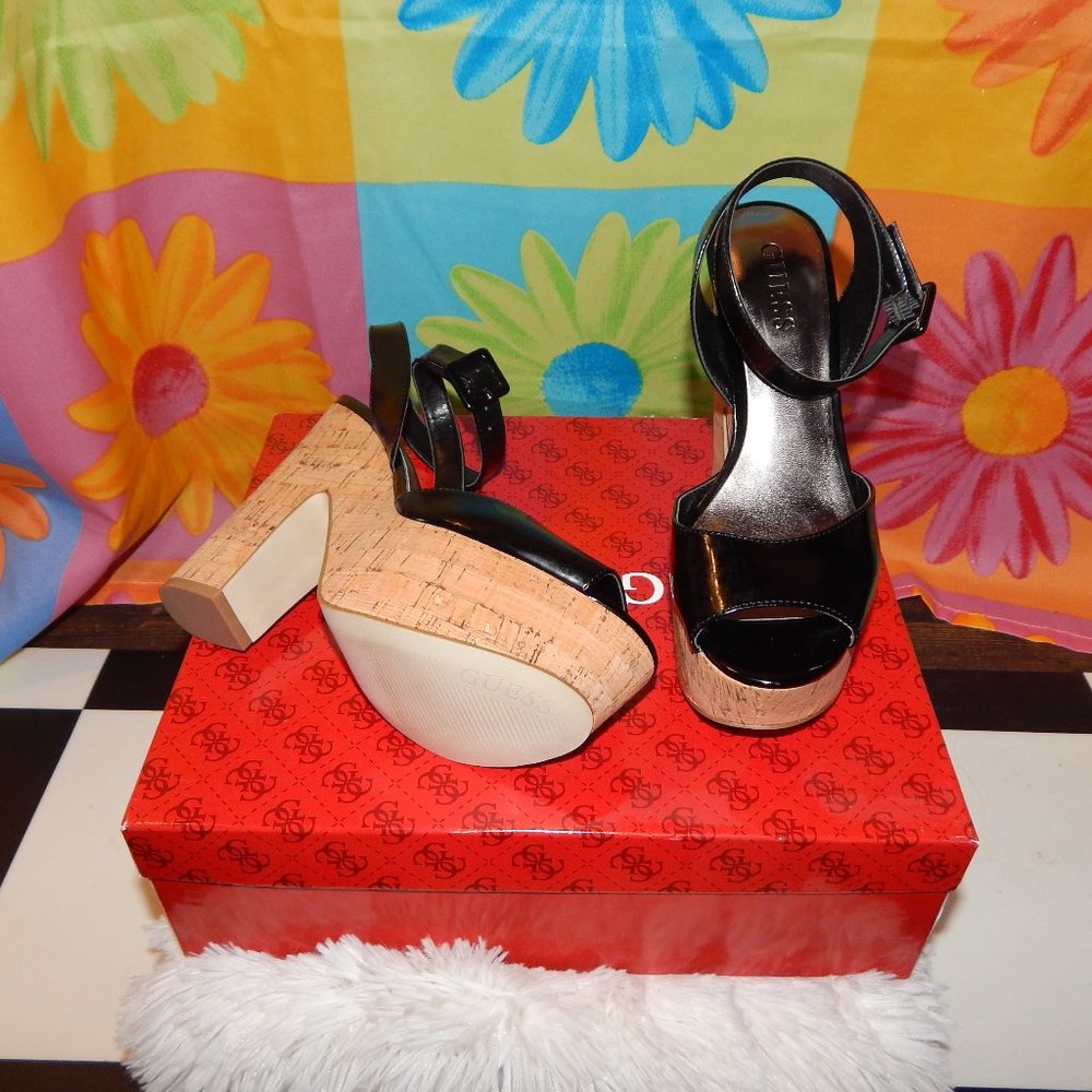 Guess Tunsa Black and Cork Platform Sandals, Size 6.5